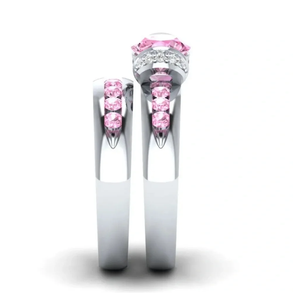 New Sterling Silver Pink & White Sapphires 2pc Ring Set